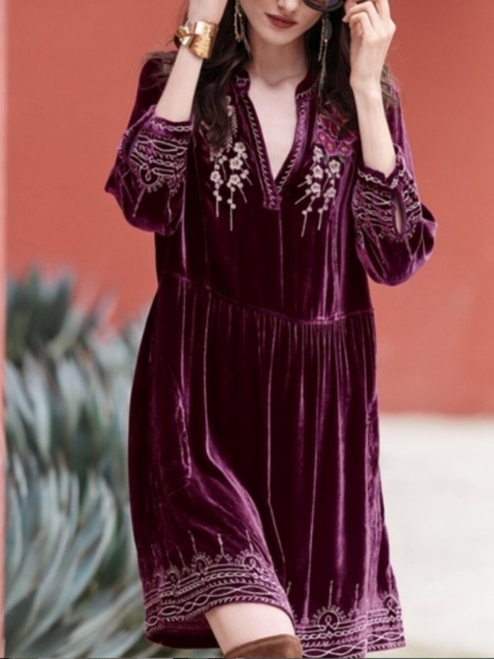 Johnny Was Flores Henley Merlot Embroidered boho velvet dress M